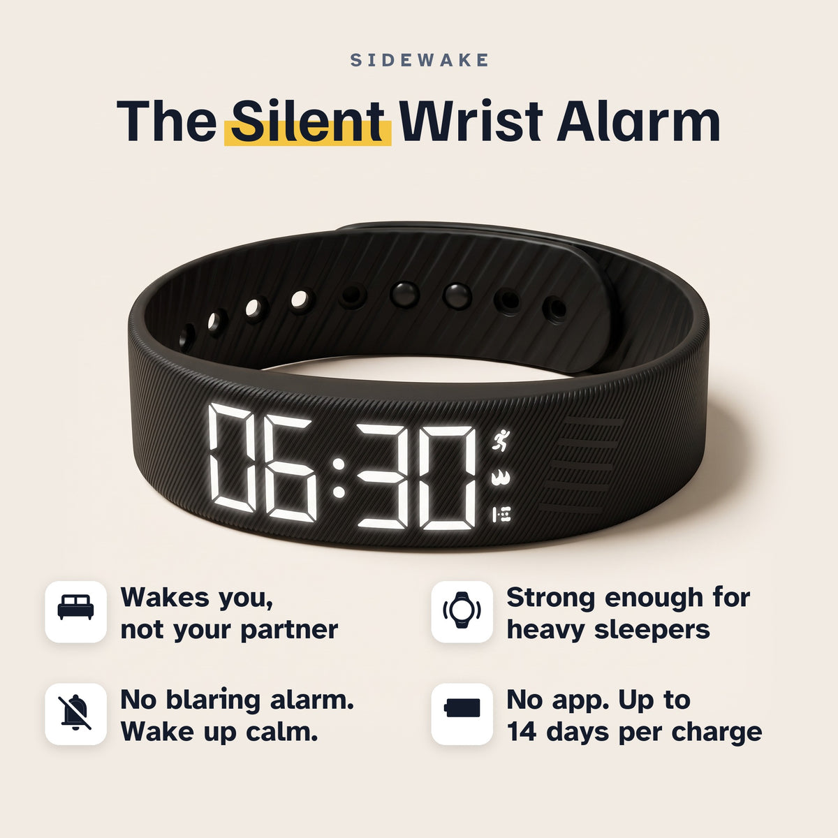 Sidewake vibrating alarm band, the silent wrist alarm: wakes you, not your partner; strong enough for heavy sleepers; no blaring alarm; no app, up to 14 days per charge