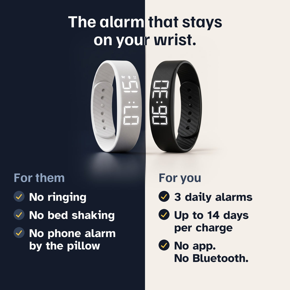 Black and white vibrating alarm bands, LED displays lit at 06:30 and 07:15. For them: no ringing, no bed shaking, no phone alarm by the pillow. For you: 3 daily alarms, up to 14 days per charge, no app, no Bluetooth.
