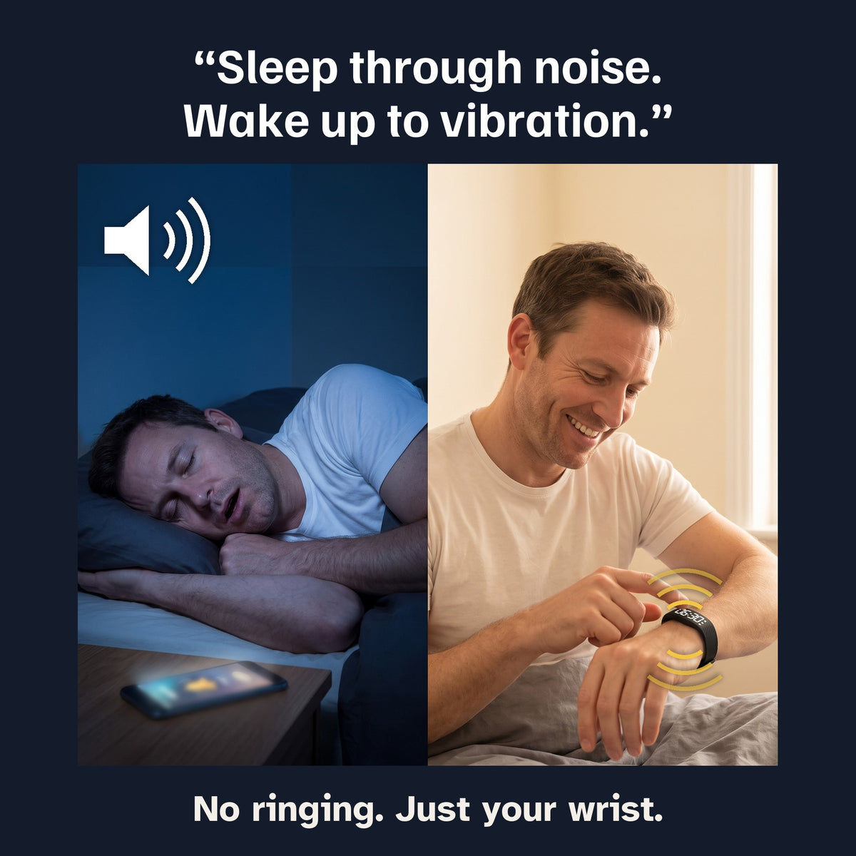 Split image: a heavy sleeper sleeps through a ringing phone at night, then wakes smiling to the band vibrating on his wrist. Sleep through noise. Wake up to vibration. No ringing, just your wrist.
