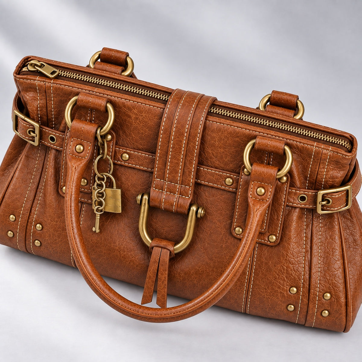 The Clea Bag — the top zip, closed