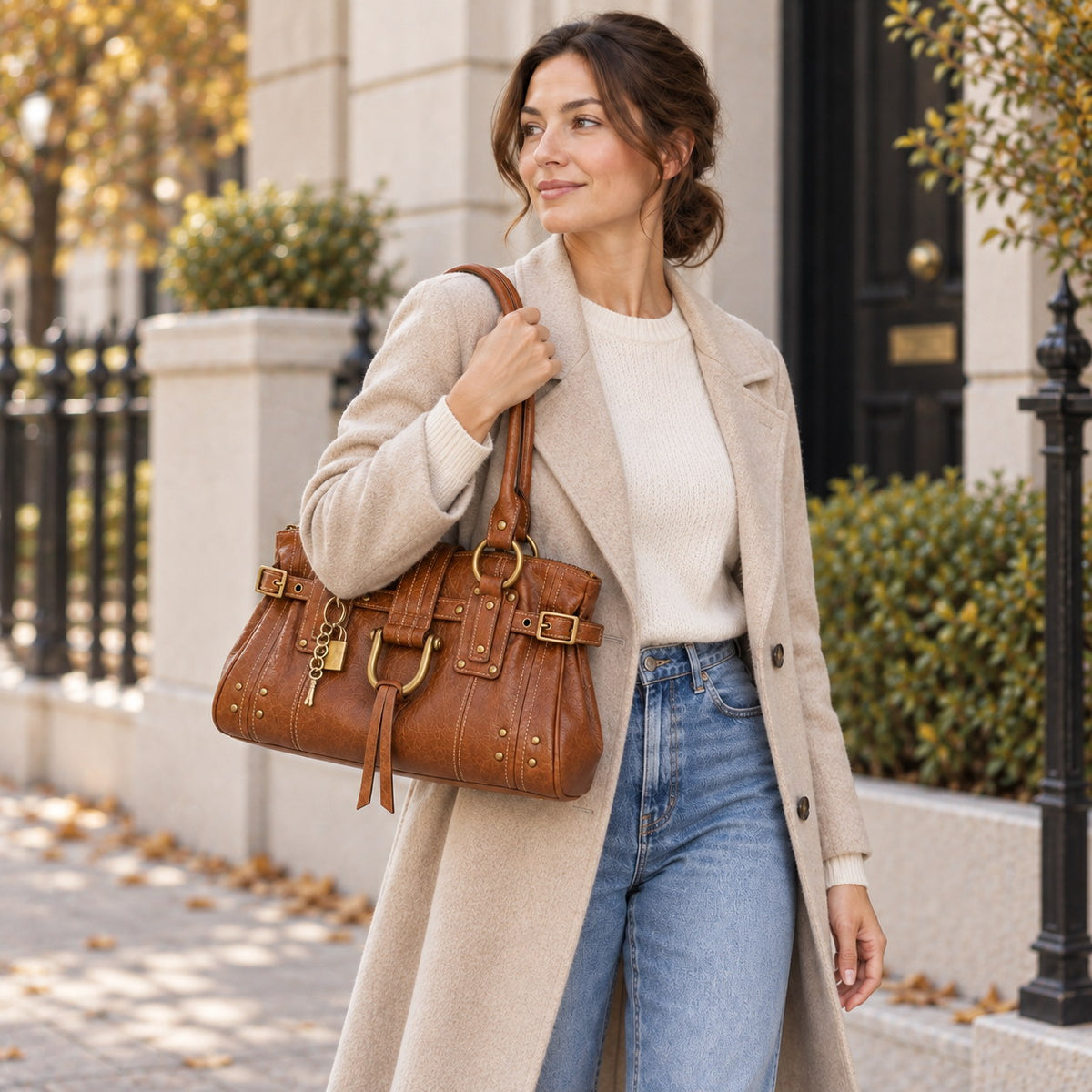 The Clea Bag in Cognac, carried on the shoulder, over a camel wool coat, on the street