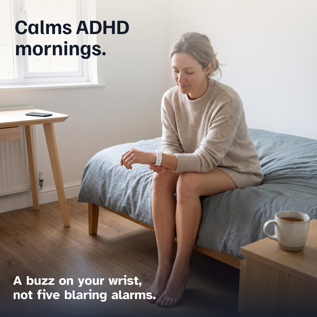 Woman sitting calmly on the edge of her bed looking at the white band on her wrist, her phone left on the desk. Calms ADHD mornings: a buzz on your wrist, not five blaring alarms.