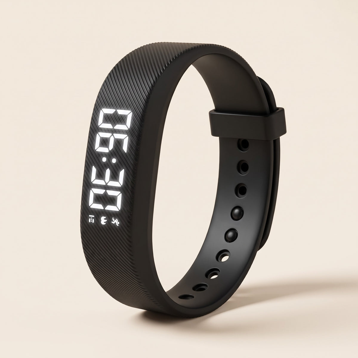 Black vibrating alarm band, LED display lit at 06:30.