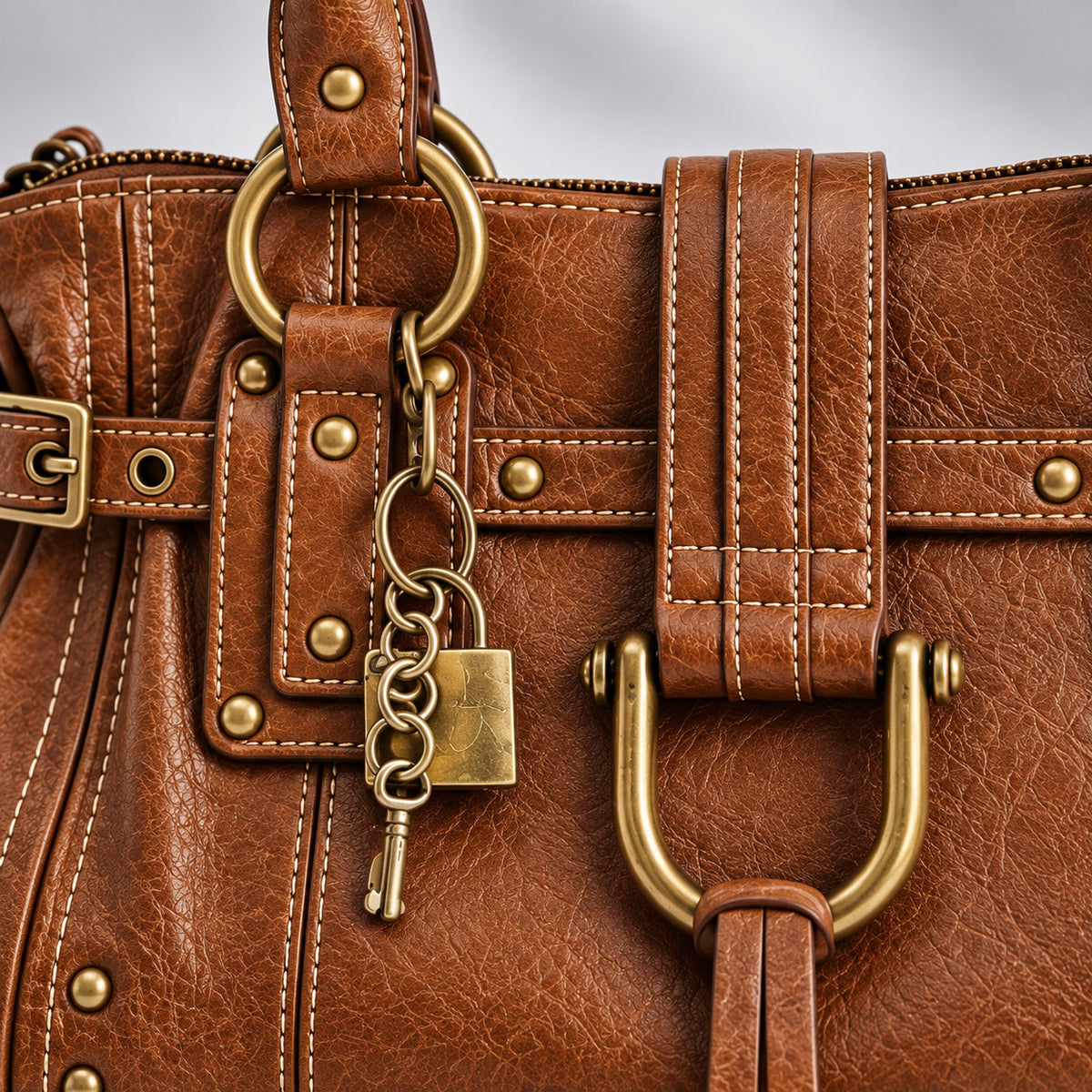 The Clea Bag — padlock, key and buckle detail