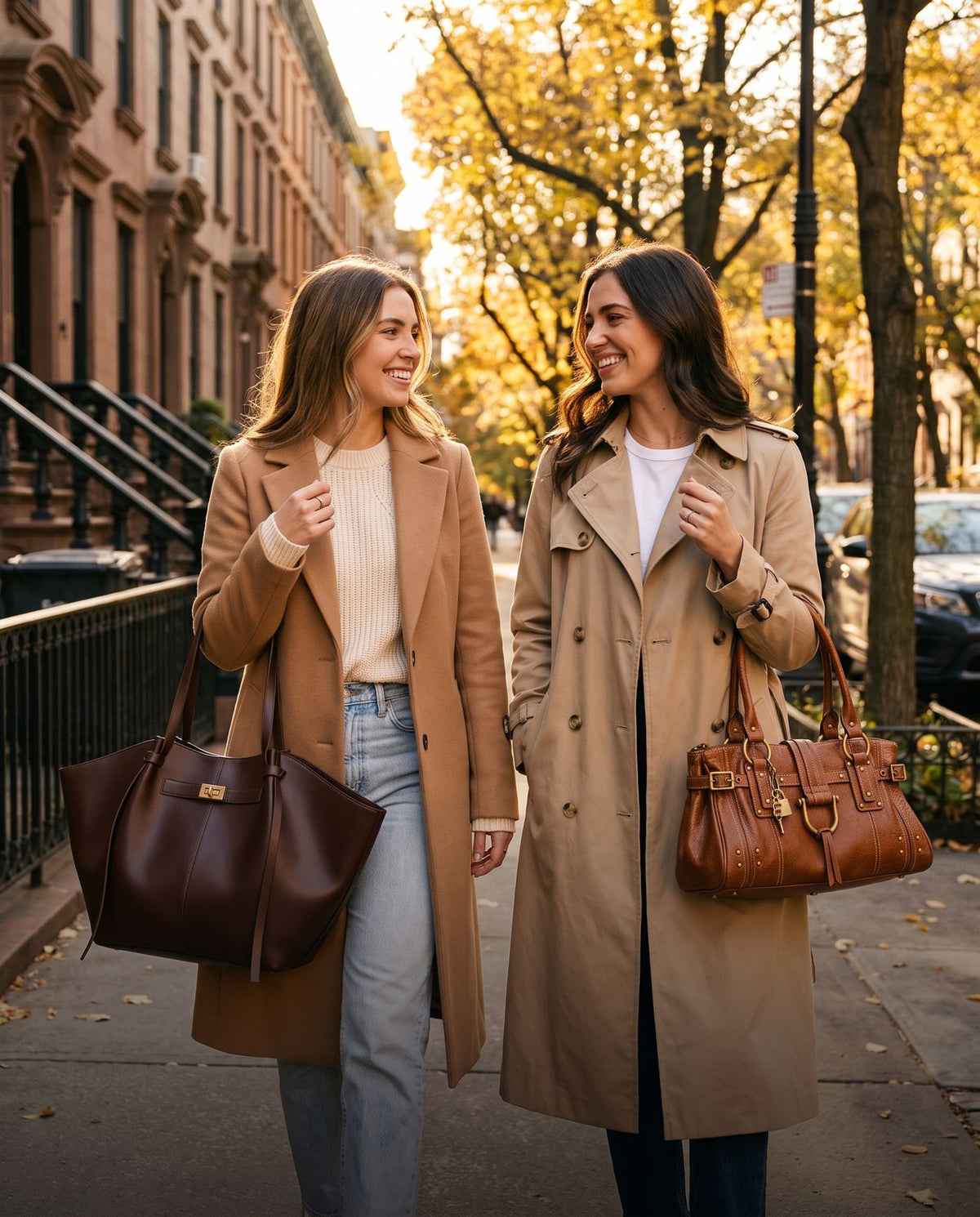 Two women walking on an autumn street, one carrying the Vela Tote in Chocolate, the other the Clea Bag in Cognac