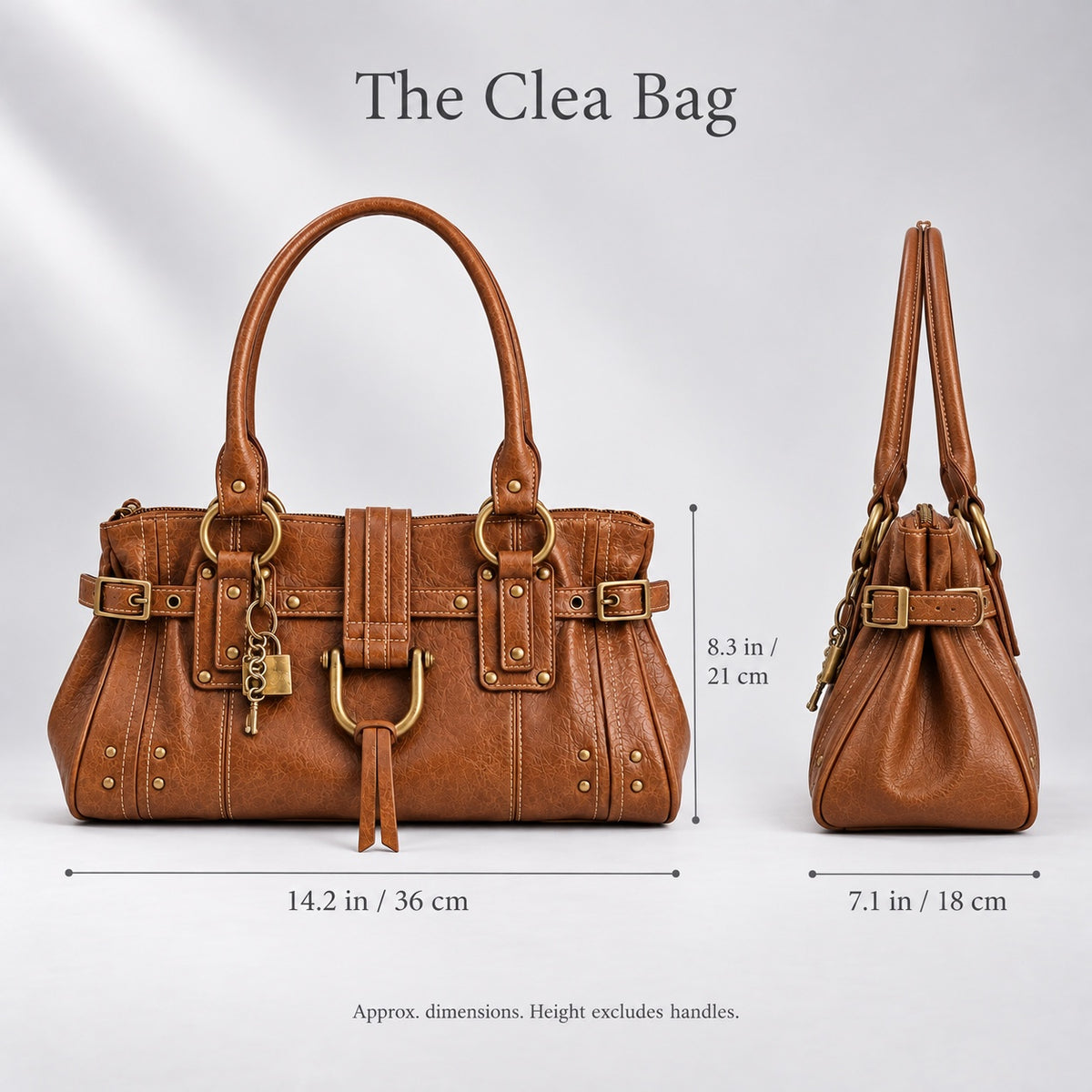 The Clea Bag — dimensions, front and side