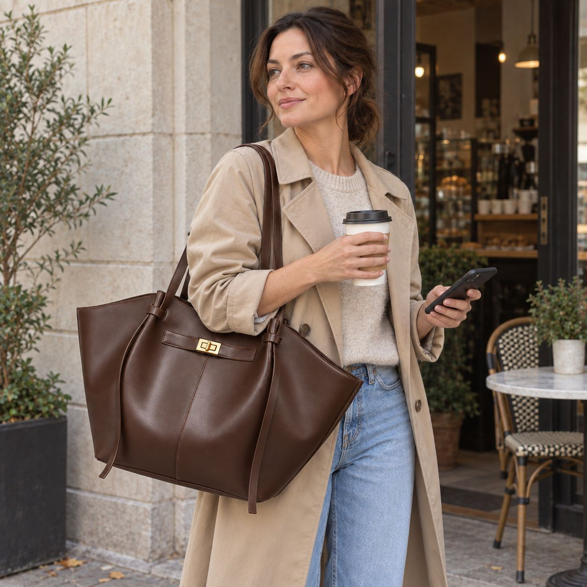 Une femme en trench beige porte le Vela Tote chocolat à l'épaule, un café à la main