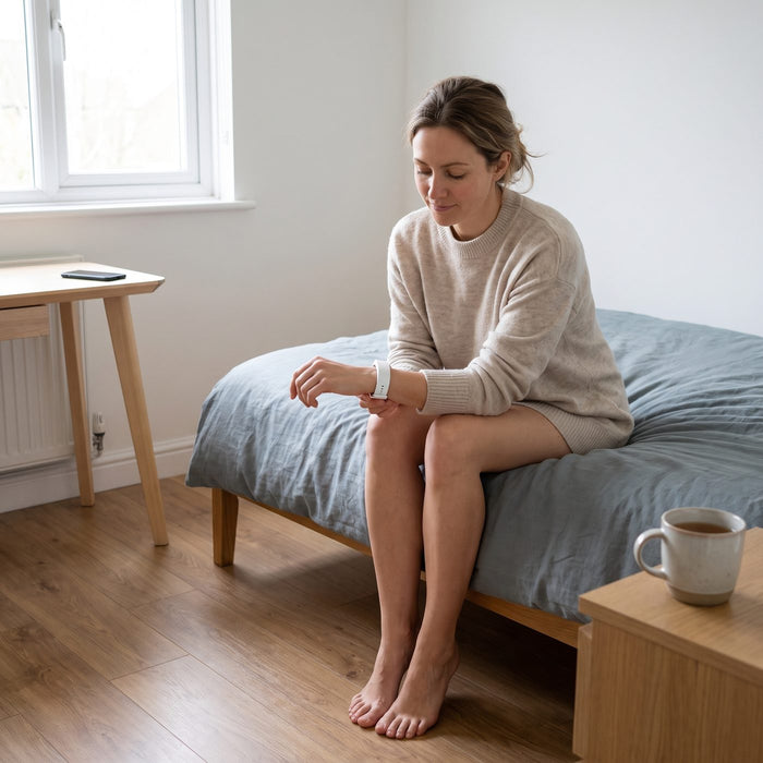 A woman sits calmly on the edge of her bed looking at the white band on her wrist, her phone left on the desk.