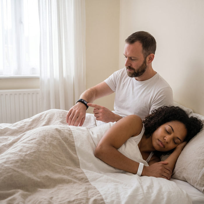 A man presses the black band on his wrist at 7:00 while his partner sleeps on, wearing her own white band.