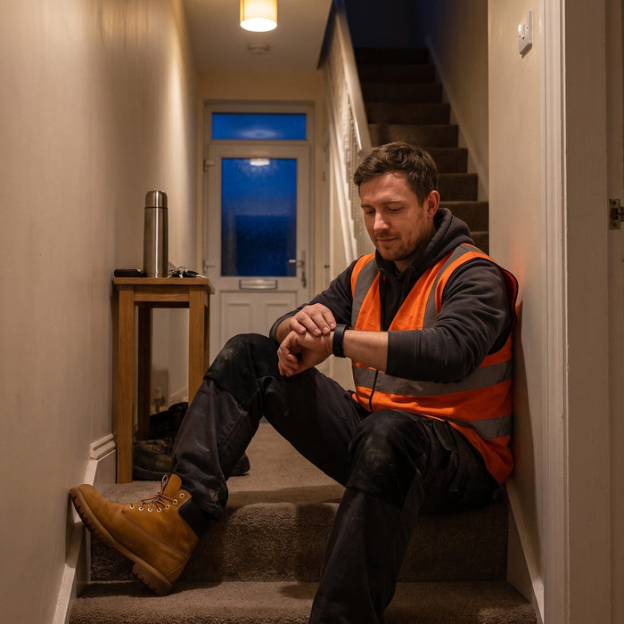 A man in a high-visibility vest sits on the stairs before dawn and checks the black band on his wrist while the house sleeps.