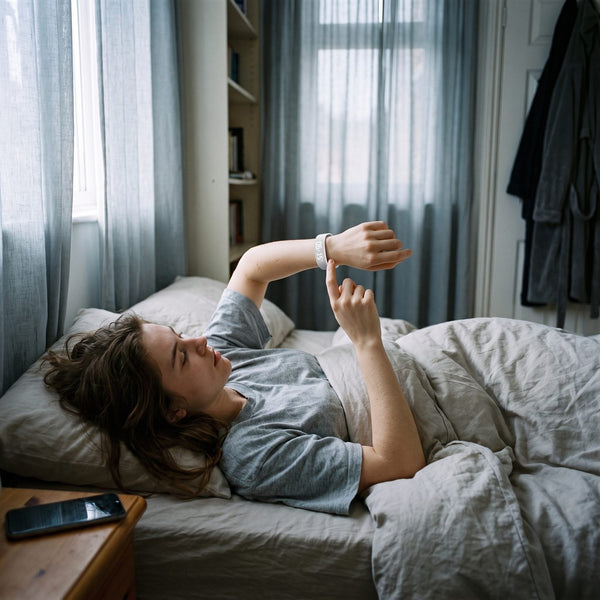 A young woman in a small flat bedroom wakes to the white band on her wrist, its display showing 06:15.