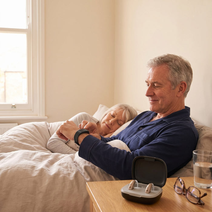 A man in his 60s checks the band on his wrist, his hearing aids in their case on the bedside table, his wife asleep.