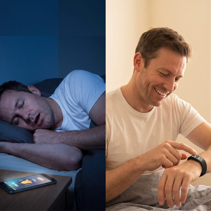 A heavy sleeper sleeps through a ringing phone, then wakes smiling to the band vibrating on his wrist.
