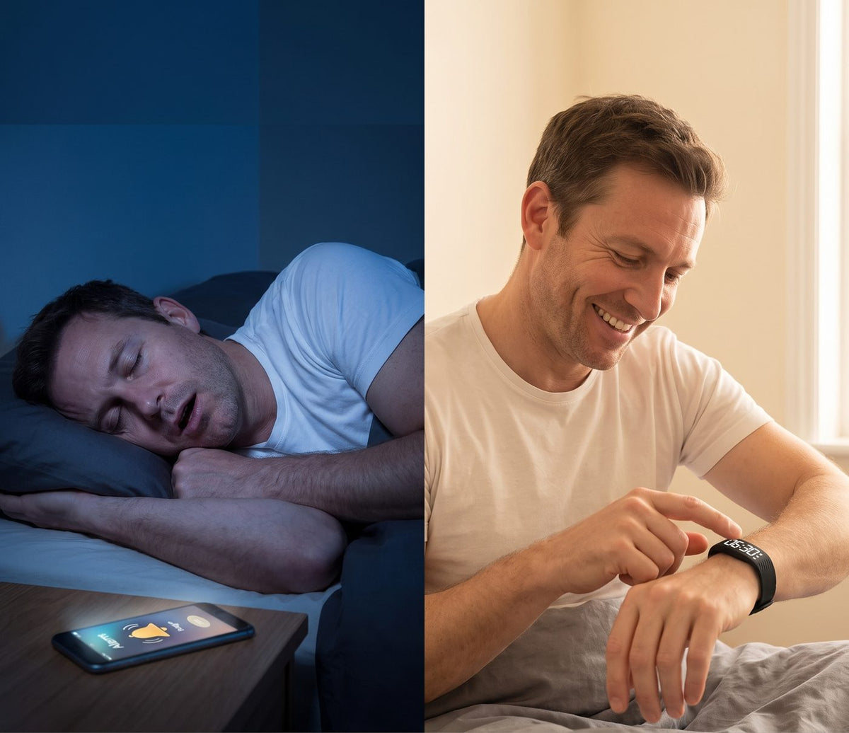 A heavy sleeper sleeps through a ringing phone, then wakes smiling to the band vibrating on his wrist.