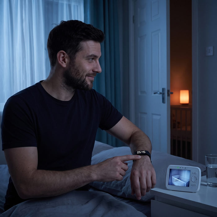 Before dawn, a father stops the black band on his wrist, a baby monitor on the bedside table.