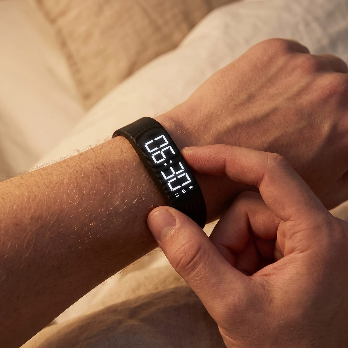 A finger presses the button of the black band, the display lit at 06:30.