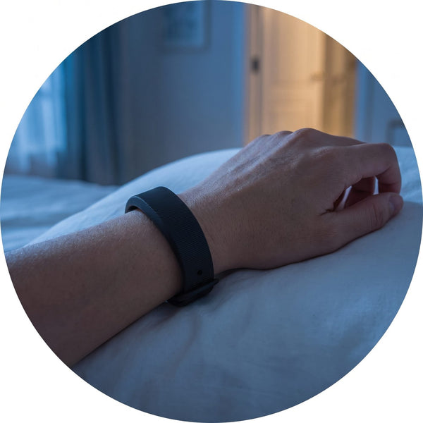 A wrist wearing the black band rests on a pillow at night.